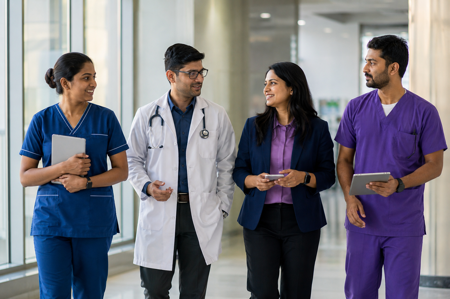 Indian healthcare professionals and a hospital talent leader walking together in a modern hospital